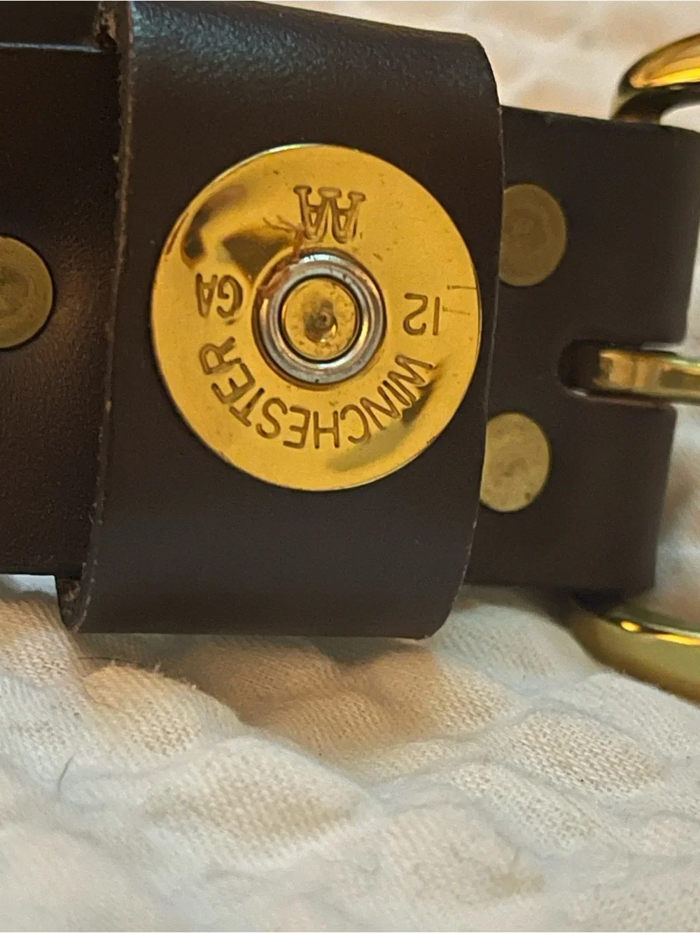 Winchester 12 gauge shotgun shell Men's Brown Leather Belt with Brass Buckle